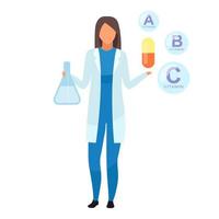 Synthetic vitamins consumption flat vector illustration. Female pharmacologist explaining food supplement formula isolated cartoon character on white background. Lab worker holding beaker