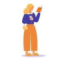 Girl reading book flat vector illustration. Blond lady passionate by publication. Young caucasian woman standing, holding textbook and phone isolated cartoon character on white background