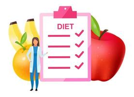 Doctor offering diet plan flat vector illustration. Female nutritionist adding fruits to nutrition ingredients. Dietitian promoting vegetarianism isolated cartoon character on white background