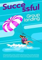 Successful group landing is amazing poster vector template. Paragliding. Brochure, cover, booklet page concept design with flat illustrations. Advertising flyer, leaflet, banner layout idea