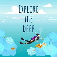 Explore the deep social media post mockup. Underwater reefs. Advertising web banner design template. Social media booster, content layout. Motivational poster, print ads with flat illustrations vector