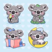 Conjunto de personajes de vector de dibujos animados lindo koala kawaii. adorable y divertido animal sonriente durmiendo, comiendo pegatinas aisladas de eucalipto, paquete de parches. Anime baby koala en caja de regalo sobre fondo azul.