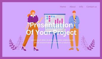 Corporate presentation landing page vector template. Project results. Company website interface idea with flat illustrations. Organization homepage layout. Business violet webpage cartoon concept