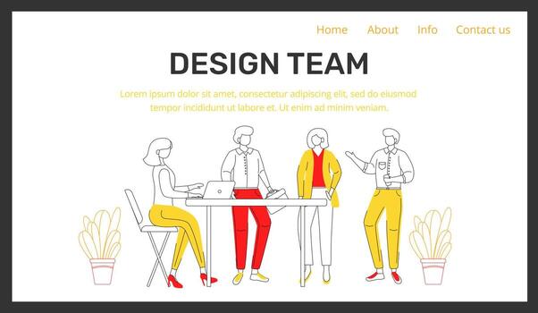 plantilla de vector de página de destino corporativa. equipo de diseño. idea de la interfaz del sitio web blanco del trabajo en equipo de la empresa. diseño de la página de inicio de la organización. página web de negocios con personajes de dibujos animados de contorno plano