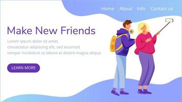 Make new friends landing page vector template. Taking selfie website interface idea with flat illustrations. Millennials homepage layout. Capturing moments web banner, webpage cartoon concept