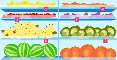 Supermarket shelves with fruits flat vector illustration. Farmers market, shop interior with fruits and vegetables. Healthy dieting, seasonal food. Vegetarian food in grocery store