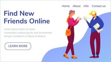 Find new friends online landing page vector template. Social media blogging, website interface idea with flat illustrations. Internet surfing homepage layout. Web banner, webpage cartoon concept