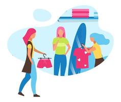 ir de compras con el icono de concepto plano de amigos eligiendo ropa con asistente. centro comercial de moda, boutique. probándose trajes en la etiqueta de la tienda de ropa, clipart. ilustración de dibujos animados aislado sobre fondo blanco vector