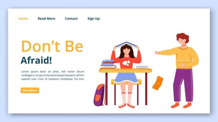 Do not be afraid landing page vector template.Trouble relationship website interface idea with flat illustrations. School pupils bullying. Classmates quarrel homepage layout, webpage cartoon concept