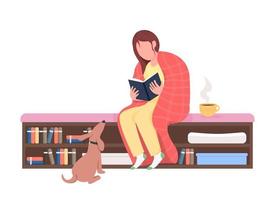 Girl reading at home semi flat color vector character