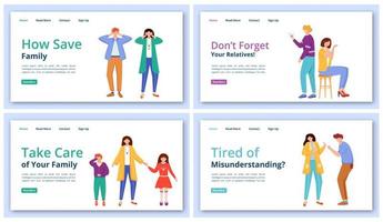 Trouble relationship landing page vector template set. Relatives, family problems website interface idea with flat illustrations. Tired of misunderstanding homepage layout, webpage cartoon concept