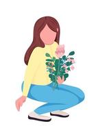 Woman picking flowers semi flat color vector character