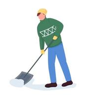 Man in sweater clean snow semi flat color vector character