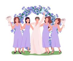 Bride with bridesmaid at reception semi flat color vector characters