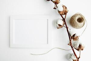 white wall and dark tree decoration Modern frames desk home decoration with frame photo and mock up white frame and dry twigs in vase on book shelf or desk