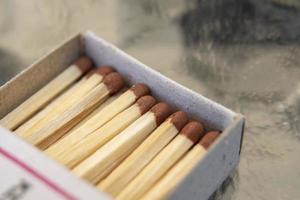 Closeup macro shot of matchbox full of match sticks. photo