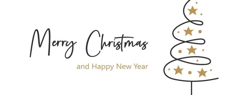 Merry Christmas and Happy New Year greeting card banner template Winter holiday Vector line art doodle christmas tree with lettering Elegant design