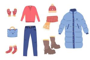 winter clothing big set consisting of down jacket, clothes for woman, pants, shoes, hat, glove, sweater. colorful clothes, bright warm clothing, clothing store. Flat vector hand drawn illustration