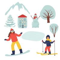 Winter season set vector illustration. People in park. girl ski . the woman on the askateboard. Christmas urban landscape. Flat characters. snowman, landscape. mountains, tree, house