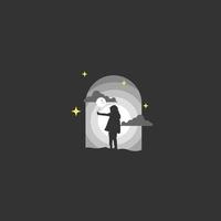 Girl Hold a Balloon in the Night. Silhouette vector