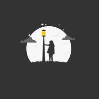 Girl Hold a light poles in the Night. Silhouette vector