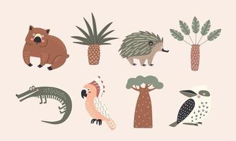 conjunto de ilustraciones vectoriales aisladas de árboles y animales australianos vector