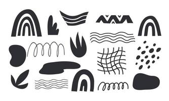 set of black abstract shapes and textures for design in doodle style vector