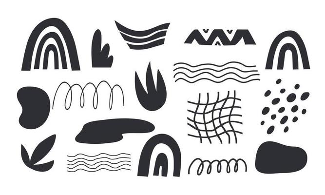 set of black abstract shapes and textures for design in doodle style
