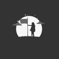 Girl Hold a Flag in the Night. Silhouette vector