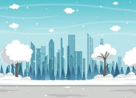 parque de la ciudad de invierno con nieve y fondo de ciudad moderna vector