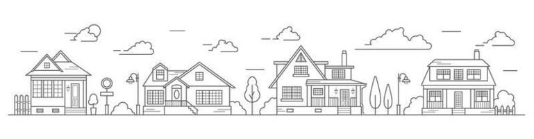 Landscape of the neighborhoods of the city, the houses of the suburbs residential area. A number of low-rise buildings of the village. Outline vector illustration.