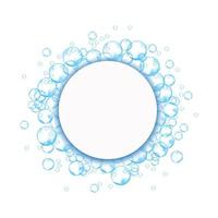 Effervescent soap bubbles frame. Blue foam suds isolated on white background. Realistic vector illustration.