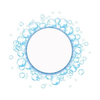 Effervescent soap bubbles frame. Blue foam suds isolated on white background. Realistic vector illustration.