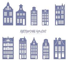 Silhouette of a row Amsterdam houses. Facades of European old buildings for Christmas decoration. Holland homes. Vector set for laser cut