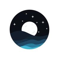 logotipo plano de las olas del mar bajo la luz de la luna vector