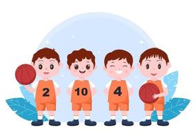 Dibujos animados de niños felices jugando baloncesto ilustración de diseño plano vistiendo uniforme de canasta en cancha al aire libre para fondo, póster o pancarta vector