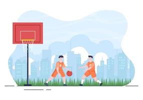 Happy Young Man Playing Basketball Flat Design Illustration Wearing Basket Uniform in Outdoor Court for Background, Poster or Banner vector