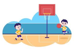 Dibujos animados de niños felices jugando baloncesto ilustración de diseño plano vistiendo uniforme de canasta en cancha al aire libre para fondo, póster o pancarta vector