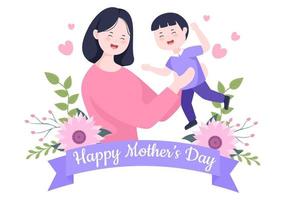 Happy Mother Day Flat Design Illustration. Mother Holding Baby or with Their Children Which is Commemorated on December 22 for Greeting Card and Poster vector