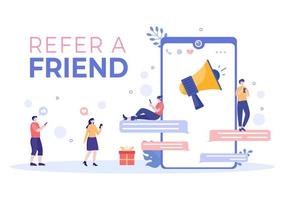 Refer a Friend Flat Design Illustration with Megaphone on Screen Mobile Phone and Social Media Marketing for Friends via Banner, Background or Poster vector