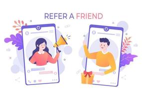 Refer a Friend Flat Design Illustration with Megaphone on Screen Mobile Phone and Social Media Marketing for Friends via Banner, Background or Poster vector