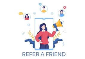 Refer a Friend Flat Design Illustration with Megaphone on Screen Mobile Phone and Social Media Marketing for Friends via Banner, Background or Poster vector