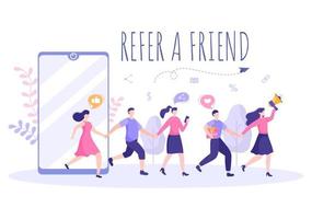 Recomiende a un amigo ilustración de diseño plano con megáfono en la pantalla del teléfono móvil y marketing en redes sociales para amigos a través de pancarta, fondo o póster vector