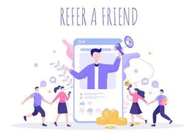 Refer a Friend Flat Design Illustration with Megaphone on Screen Mobile Phone and Social Media Marketing for Friends via Banner, Background or Poster vector