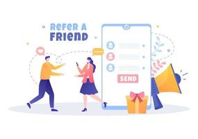 Refer a Friend Flat Design Illustration with Megaphone on Screen Mobile Phone and Social Media Marketing for Friends via Banner, Background or Poster vector