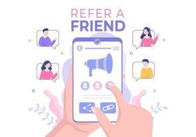 Refer a Friend Flat Design Illustration with Megaphone on Screen Mobile Phone and Social Media Marketing for Friends via Banner, Background or Poster vector