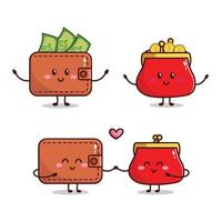 Set of relationship cute wallet with full of money and full of coin vector