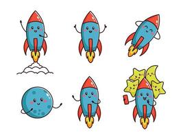 Set of cute rocket with planet stars and moon character cartoon illustration vector