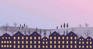 Vector illustration of buildings, valleys and trees at night. Beautiful scenery.
