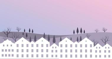 Vector illustration of buildings, valleys and trees. Beautiful scenery.